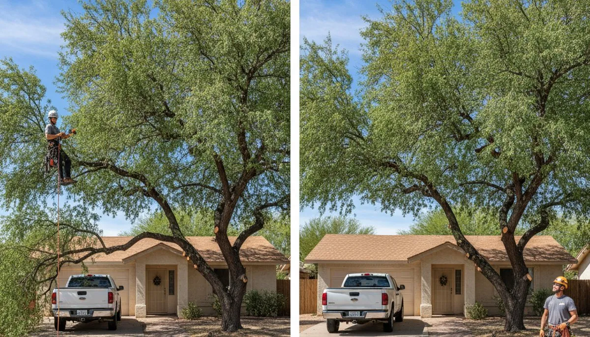 Arborist lifting tree canopy for better clearance at a Phoenix AZ home driveway, professional trimming service