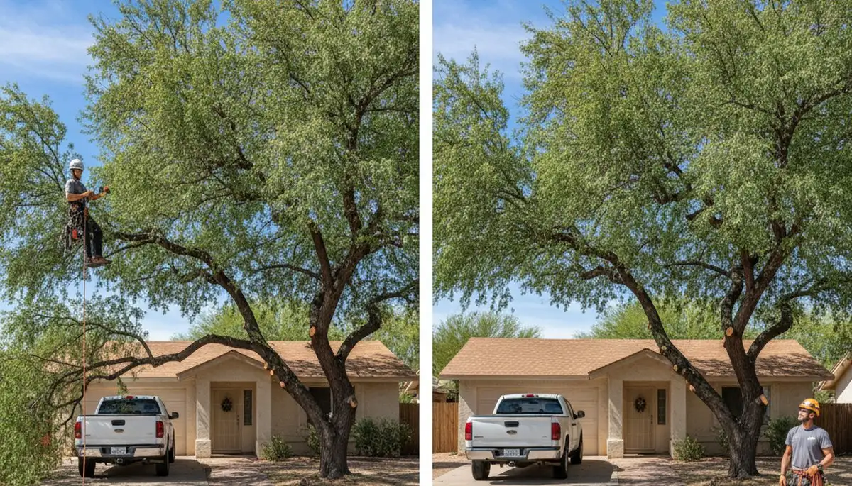 Arborist lifting tree canopy for better clearance at a Phoenix AZ home driveway, professional trimming service