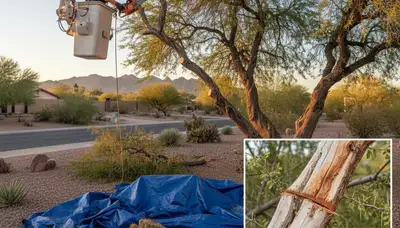 Arborist removing deadwood from mature tree using safety gear in Phoenix, AZ tree trimming service