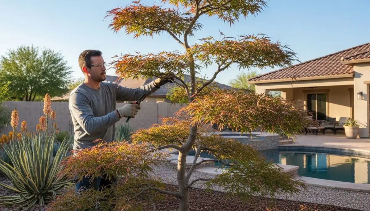 Arborist hand pruning ornamental tree in Phoenix AZ yard, enhancing landscape with expert tree care services