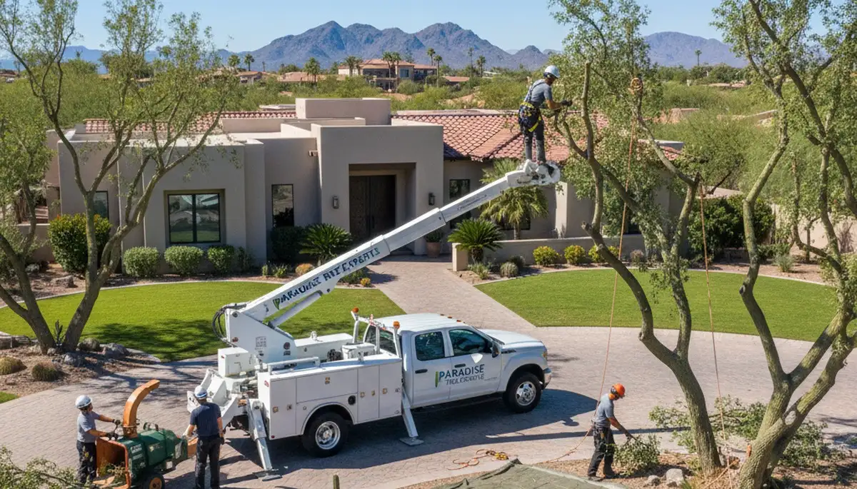 Professional residential tree removal crew working in Paradise Valley, AZ neighborhood