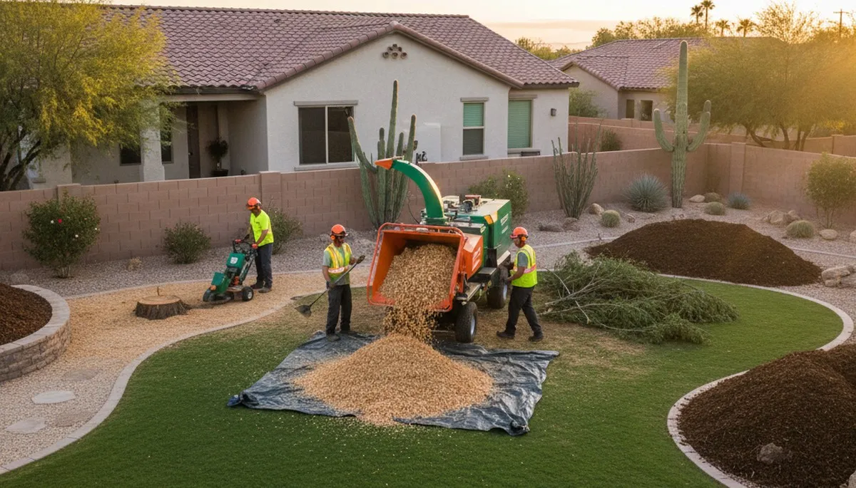 Phoenix AZ tree removal crew finishing stump grinding, debris chipping, and yard cleanup for full site restoration