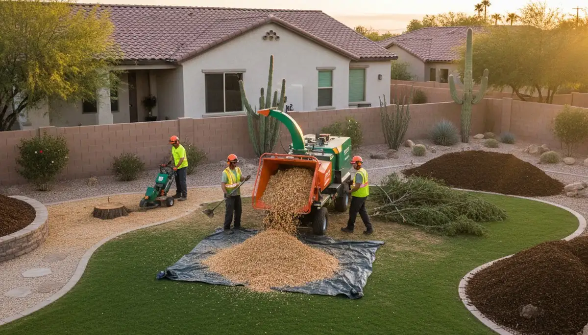 Phoenix AZ tree removal crew finishing stump grinding, debris chipping, and yard cleanup for full site restoration