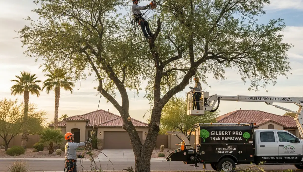Professional tree removal service in Phoenix AZ safely cutting down large backyard tree