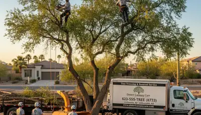 Professional tree removal service crew in Phoenix AZ clearing large yard safely