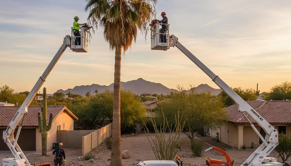 Professional tree removal service in Phoenix AZ safely cutting large backyard tree