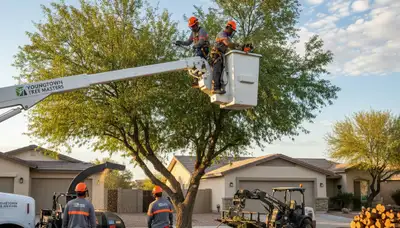 Professional tree removal service crew in Phoenix AZ clearing large oak for treeservicesinphoenix.com